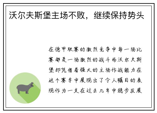 沃尔夫斯堡主场不败，继续保持势头